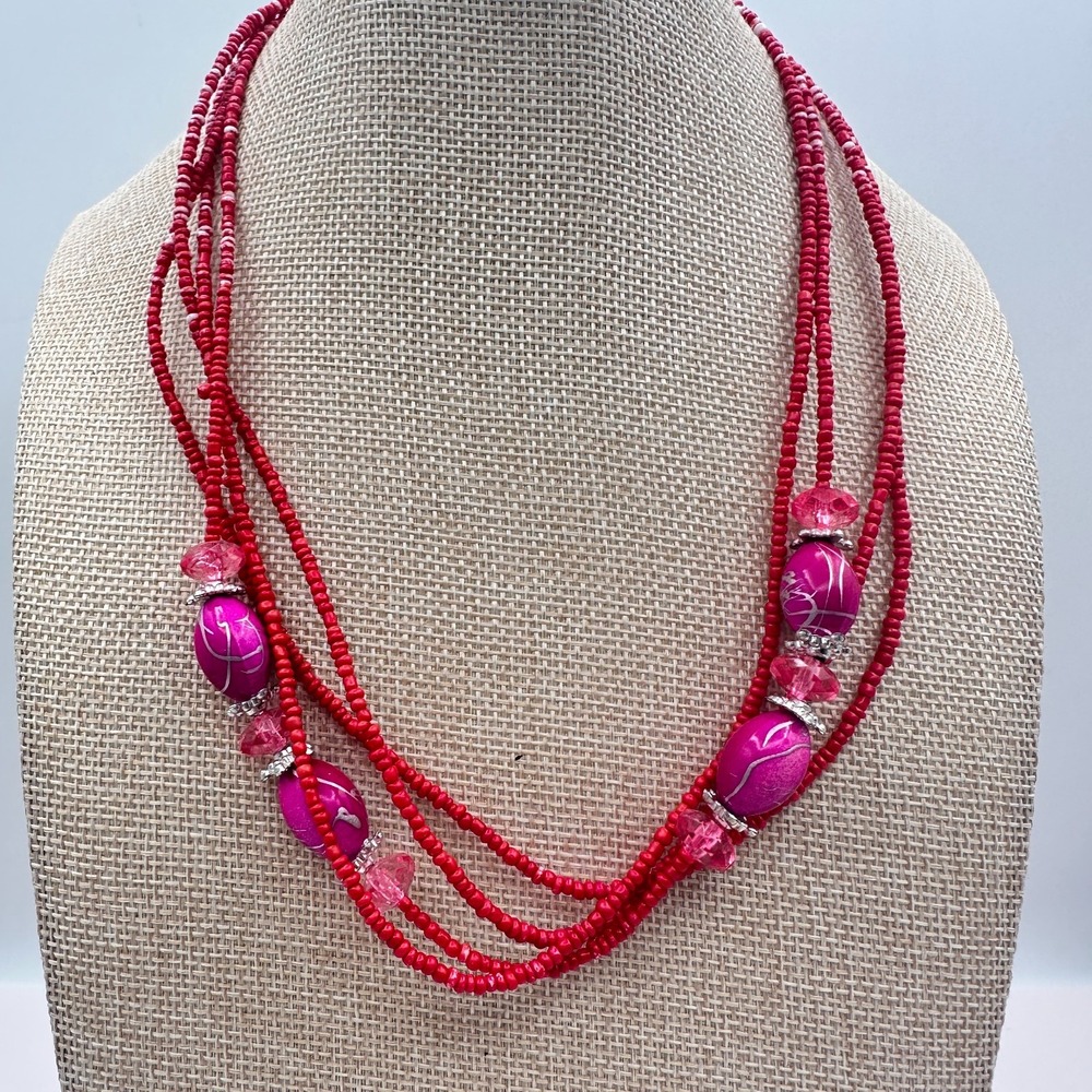 Vintage Y2K Silver Tone Multi Strand Red & Pink Beaded Necklace Jewelry